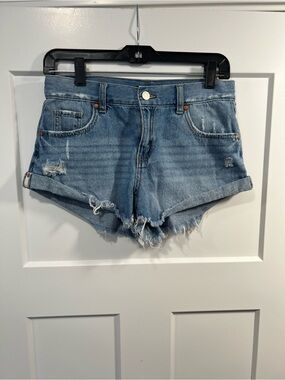 Sincerly Jules Medium Wash Distressed Rolled-Hem Denim Shorts